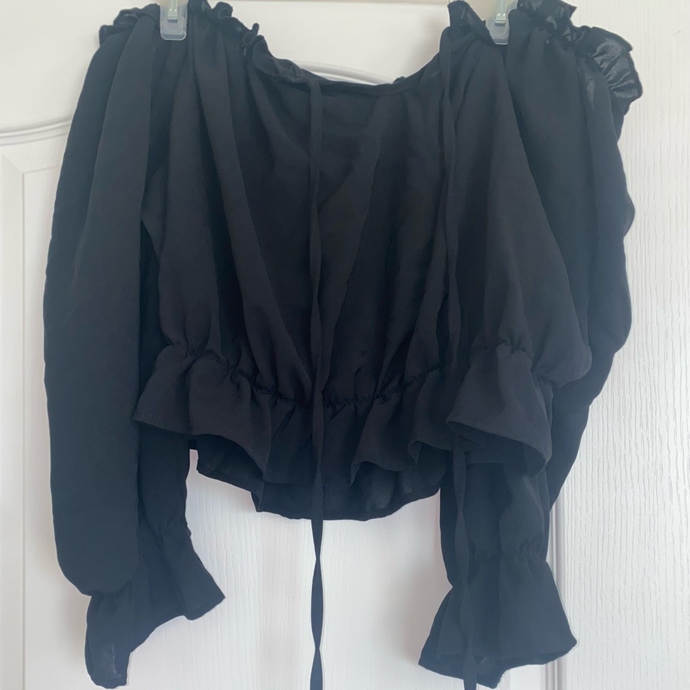 SHEIN Frenchy Plus Off Shoulder Frill Trim Knot Front Flounce Sleeve Blouse - Picture 2 of 4